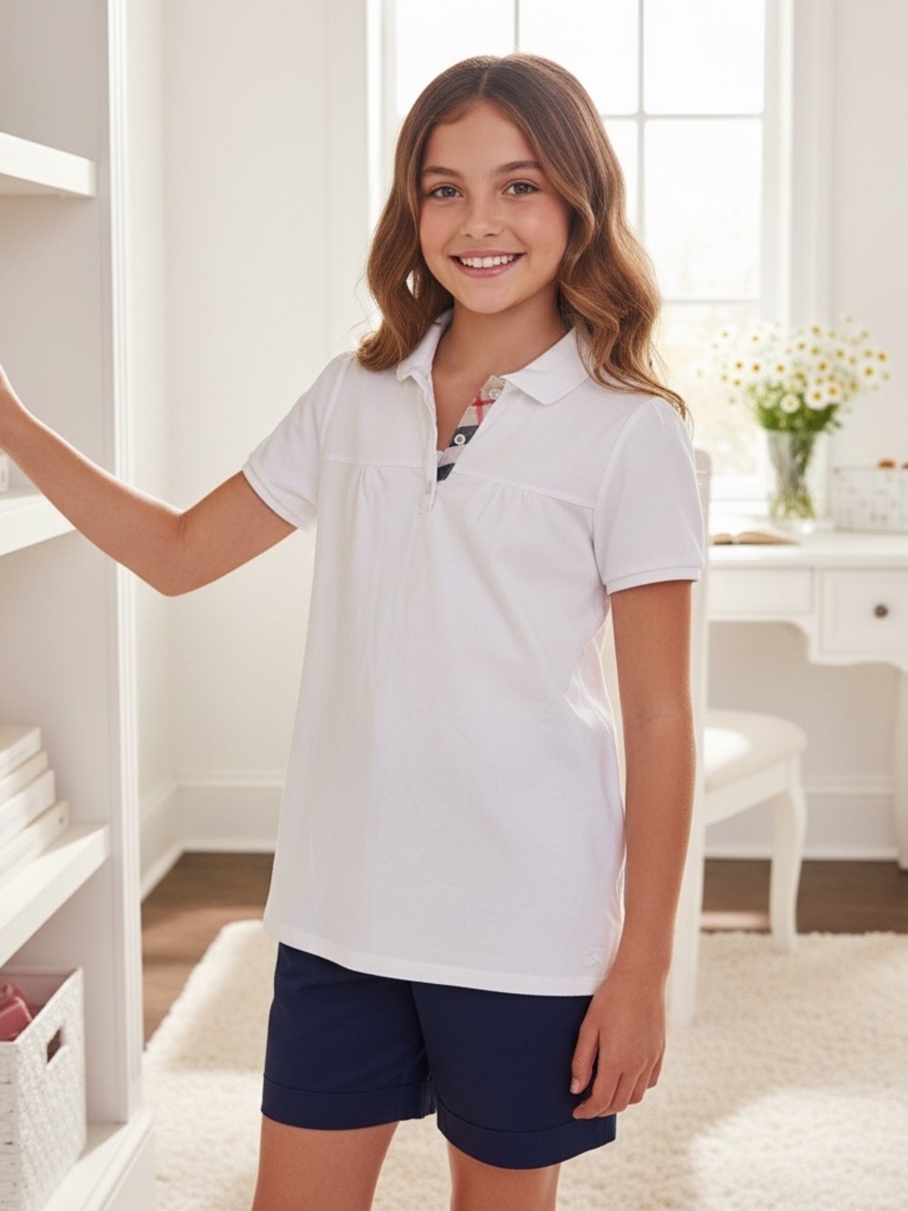 BURBERRY Girls 14 L White Puff Sleeve Polo Shirt Plaid In Collar Pleats R $295